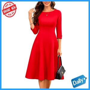 Fit Flare Midi Dress 3/4 Sleeve Modest Elegant Church Cocktail Party Wear